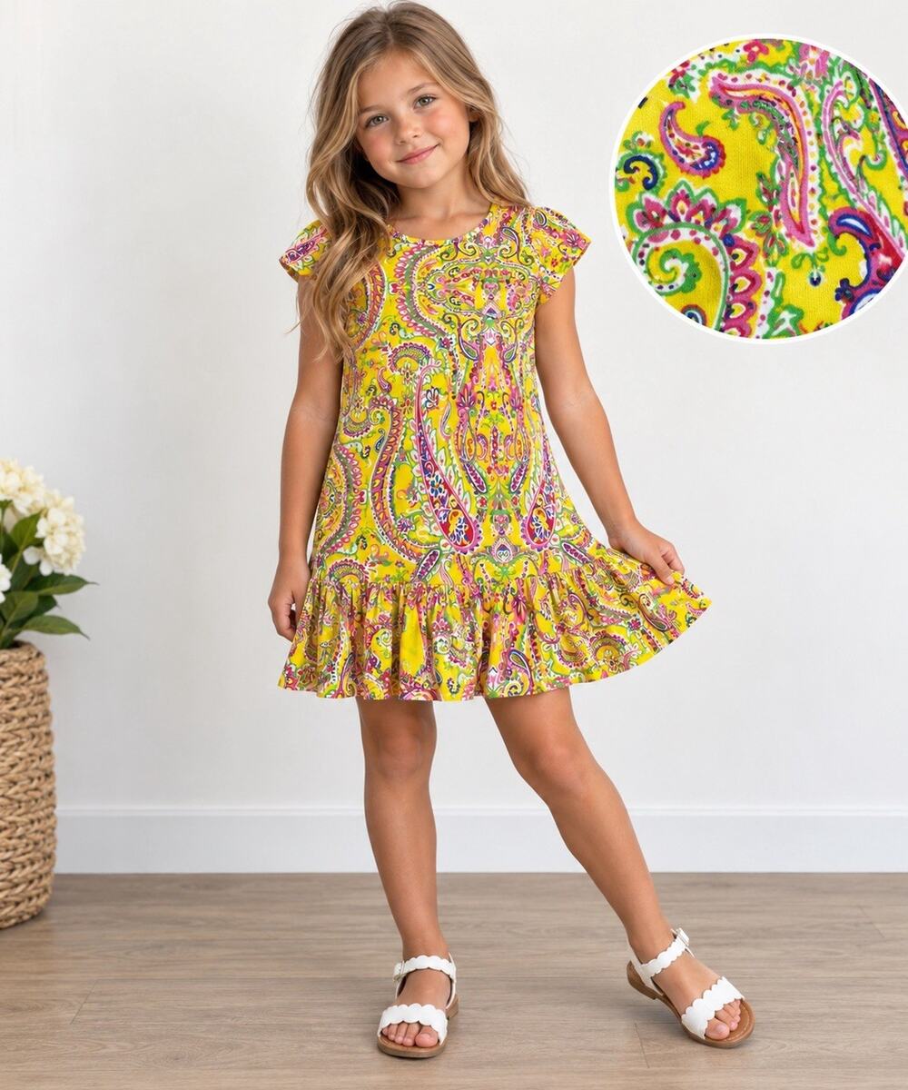 Ralph Lauren Girls Yellow Paisley Ruffle Hem Dress Preppy Size 10/12 Cotton